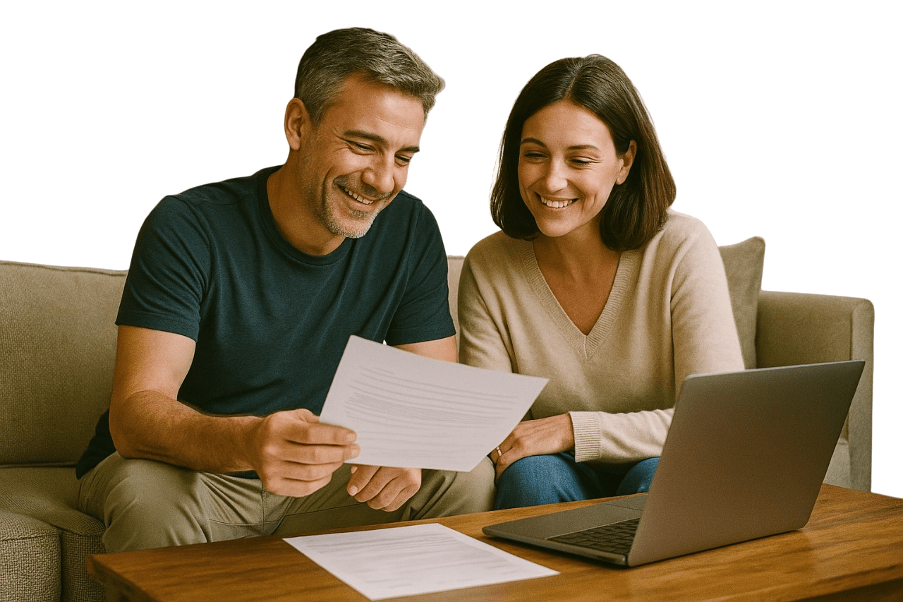 couple-documents-chat-min Happy couple looking at documents